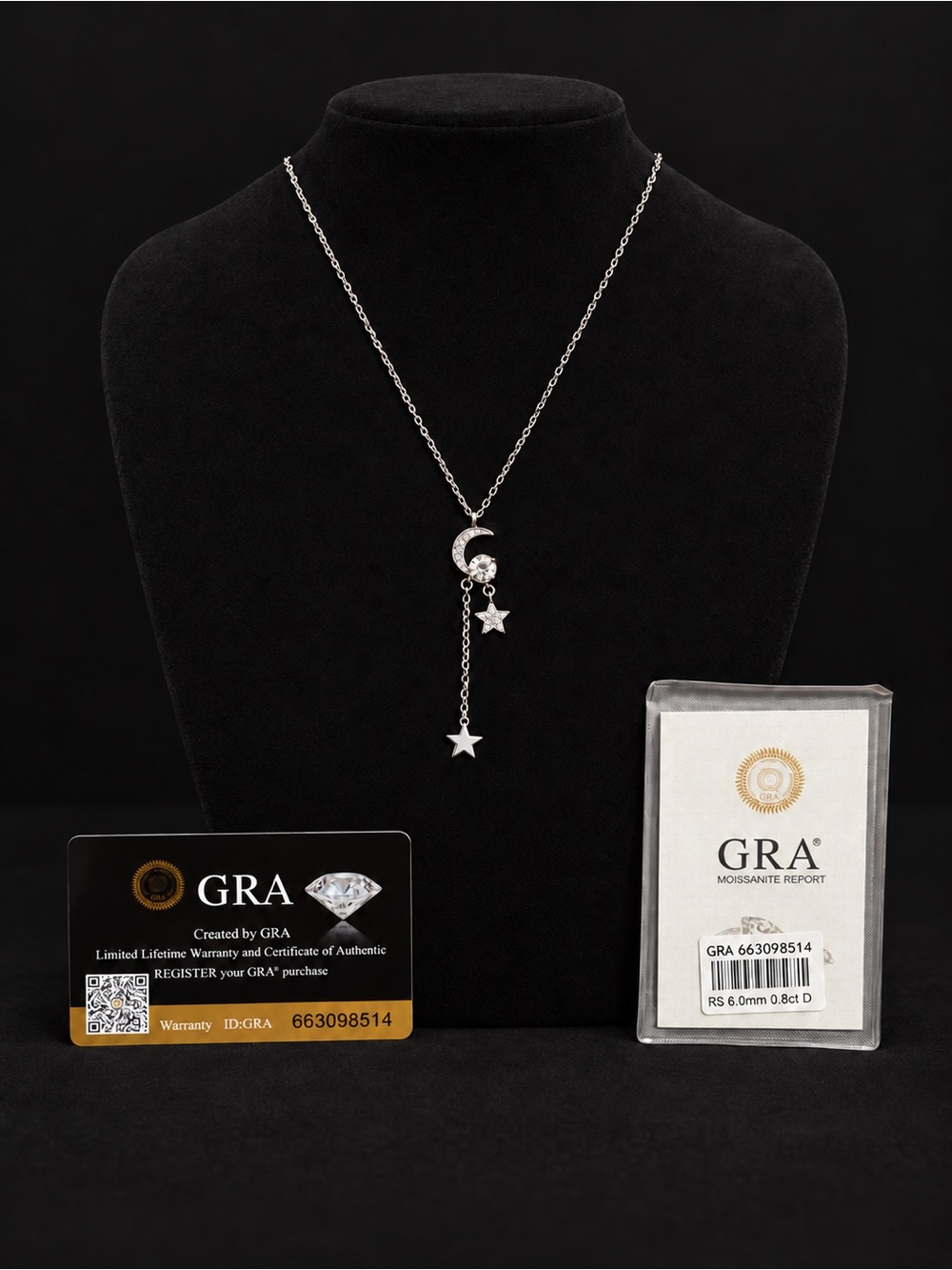 GRA Certified 0.8CT Moissanite Moon & Stars Necklace